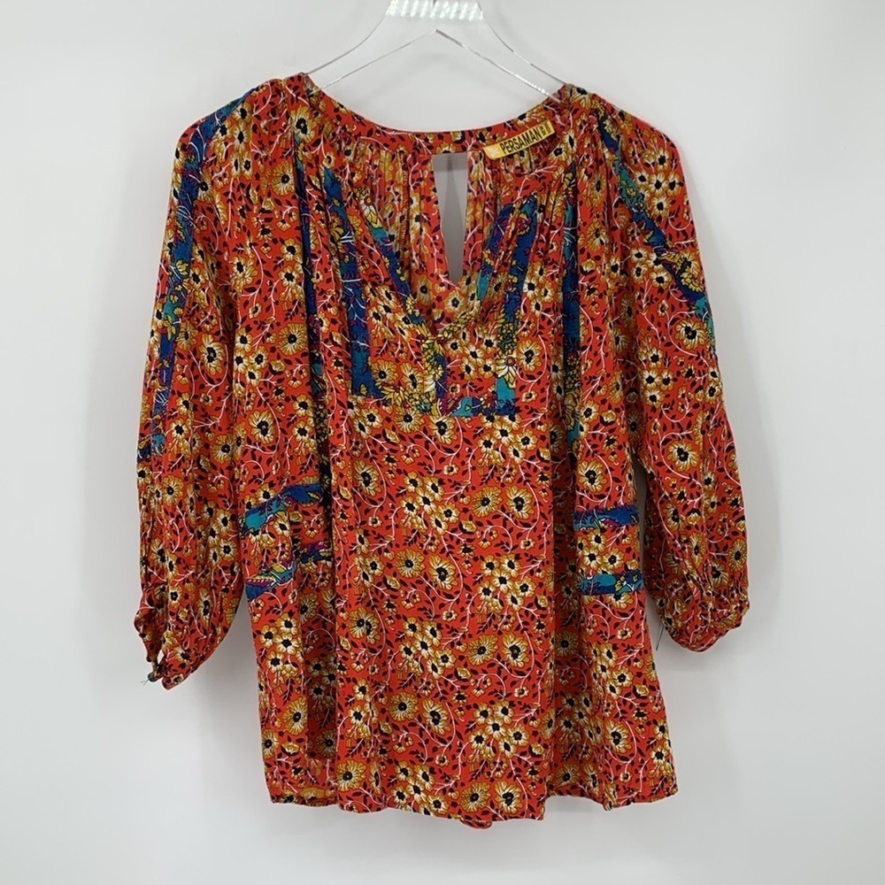 Persaman New York Boho blouse top shirt floral back keyhole red v-neck Medium